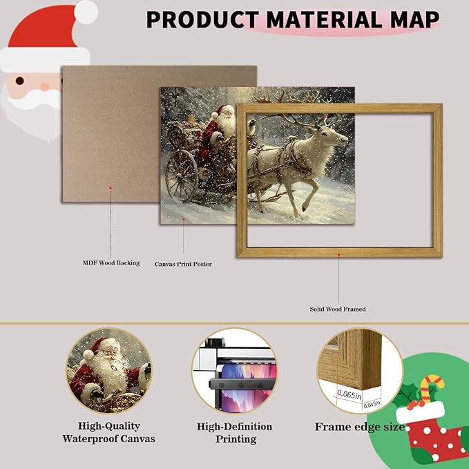 Wood Framed Vintage Santa Claus Sleigh Wall Art, Classic Christmas Reindeer Canvas Print Painting, Christmas Wall Decor Ornaments Picture for Living Room Bedroom Kitchen Xmas Home Decor 16x24 Inch