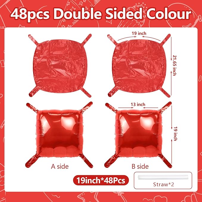 NISOCY 48PCS Red Square Foil Balloons Wall Backdrop Metallic Double Sided Red Christmas Balloon Tunnel Arch Kit for Birthday Baby Shower Valentine‘s Day Party Decoration