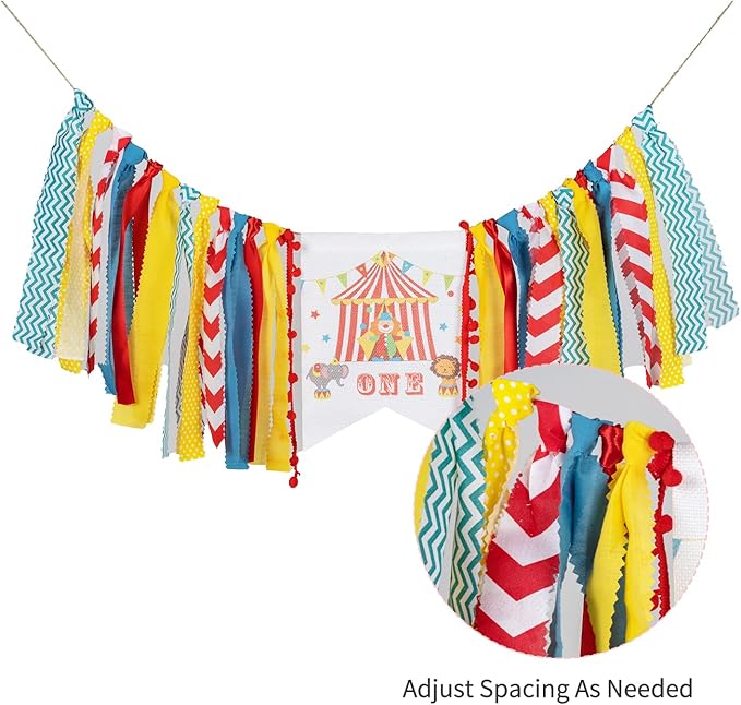 Circus Carnival First Birthday Highchair Banner – Pre-strung Reusable Burlap & Satin Garland for Cake Smash Photos, Boys & Girls 1st Birthday Party Decor