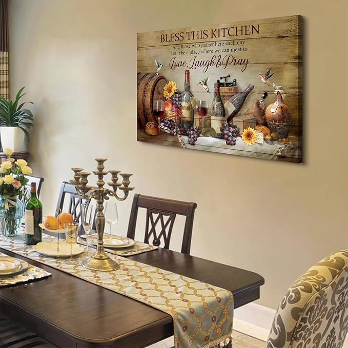 Rustic Kitchen Wall Art Farmhouse Dining Room Decor Wine Wineglass Wall Decor Positive Quotes Picture Canvas Prints Bless This Kitchen Poster Inspirational Painting Artwork Home Decoration 24x36"