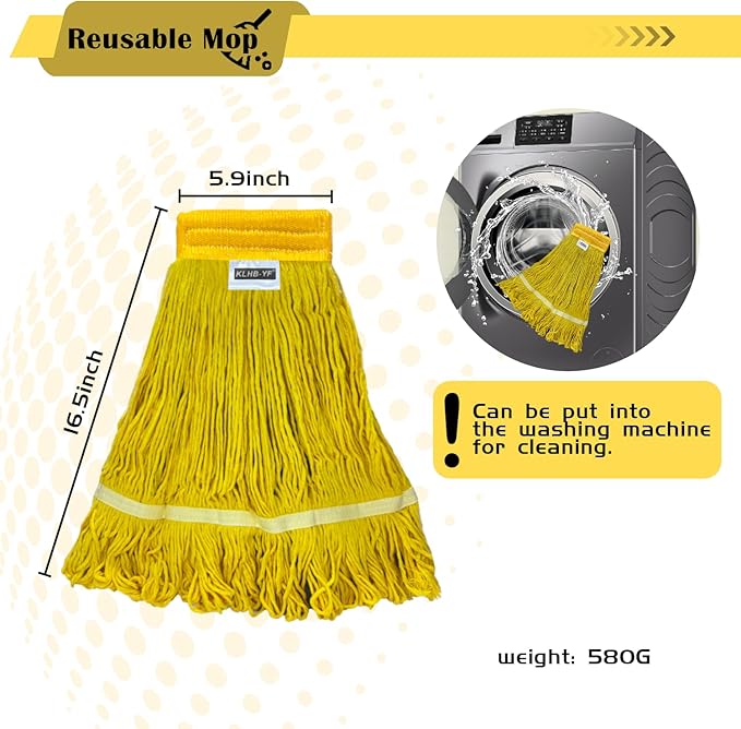 Heavy Duty Wet Industrial Cleaning Mop Head – 21 oz Yellow mop Head Replacement Cotton Washable Industrial mop Heads Heavy Duty for Commercial & Home Cleaning（Yellow）