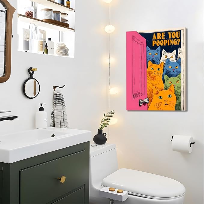Yaneiro Funny Bathroom Cat Canvas Wall Art, Framed Cute Cat Prints Posters Wall Decor, Are You Pooping Sign Animal Pictures for Living Room Bedroom Toilet Kids Room Wall Paintings 16x24 in