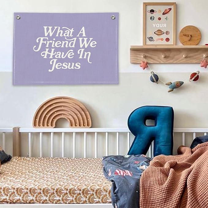 RTXLEZM Kids Room Decor-What a Friend We Have in Jesus Christian Canvas Banner Wall Hanging,Purple Minimalist Bible Verse Wall Art Prints for Classroom, Nursery, Kids Room