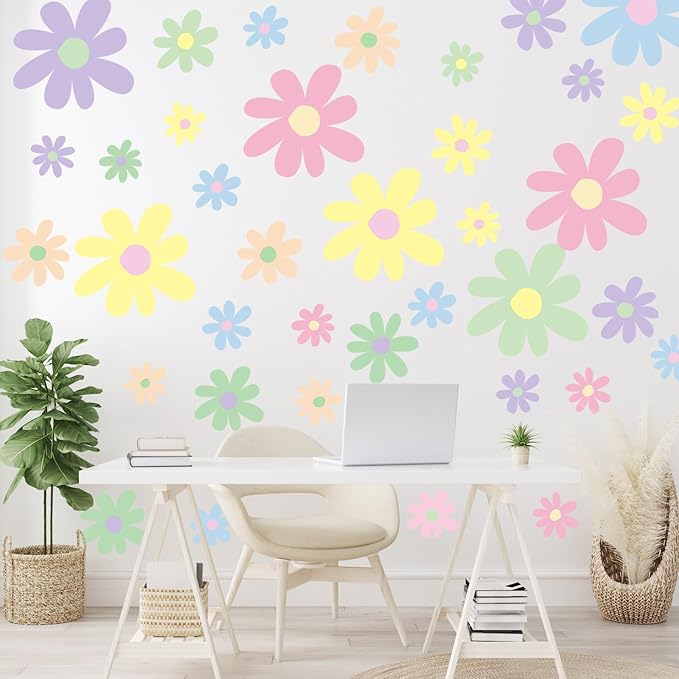 TaoBary 12 Sheet Daisy Wall Sticker Decal Removable Cute Daisy Bedroom Room Decor Flower Wall Sticker Pink White Flower Decal Wallpaper Peel and Stick for Nursery Home(Fresh Color,Attractive Style)