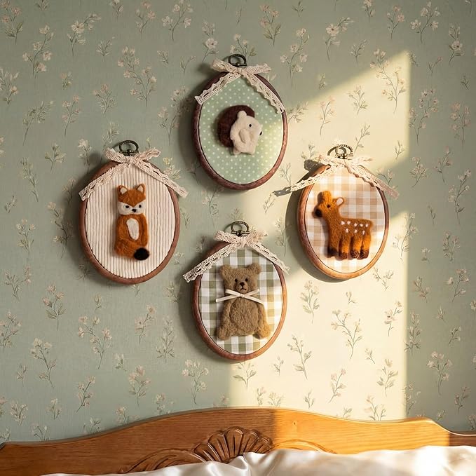 Soulchen 4 Pcs 5 x 6 Inch Felted Nursery Wall Decor with Bear Fox Deer Hedgehog Cute Animal Wall Art Decorative Artwork for Nursery Bathroom Living Room Baby Room Bedroom Farmhouse Decoration