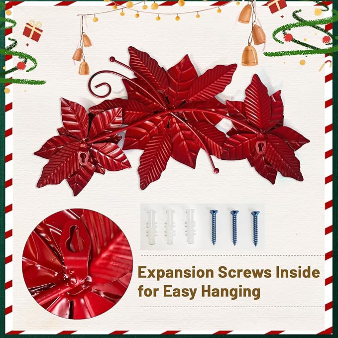 LIFFY Christmas Wall Decor Metal Poinsettia Christmas Decorations Wall Art Hanging for Indoor/Outdoor, Xmas Holiday Festive Centerpiece Decor for Living Room, Bedroom, Porch, Garden- 15" Long
