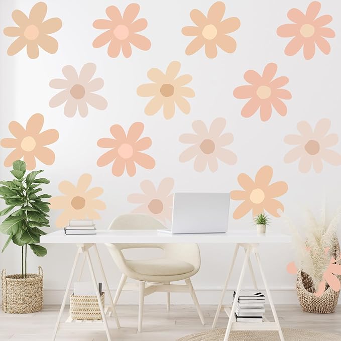 TaoBary 12 Sheet Daisy Wall Sticker Decal Removable Cute Daisy Bedroom Room Decor Flower Wall Sticker Pink White Flower Decal Wallpaper Peel and Stick for Nursery Home(Light Color,Bobo Style)