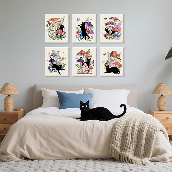 CHDITB Black Cat Canvas Wall Art, Vintage mushroom and cat Wall Decor, Nature Artwork Fantasy Fungus Feline Poster Retro Aesthetic Art Prints For Cats Lover Living Room Bedroom Decor (8X10 Inch)