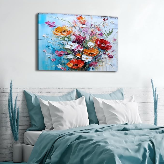 Extra Large Floral Canvas Wall Art for Living Room Poppy Flowers Painting Rustic Colorful Wildflowers Wall Decor Farmhouse Prints Vintage Nature Artwork Framed Kitchen Bedroom Home Decoration 32x48"