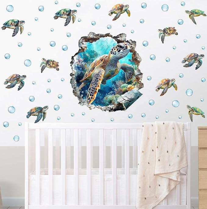 3D Large Sea Turtle Wall Decals(20.6”x22.1”), Watercolor Sea World Vinyl Wall Stickers, Removable Cartoon Under The Sea Animal Artwork for Baby Bedroom Playroom Bathroom Decor