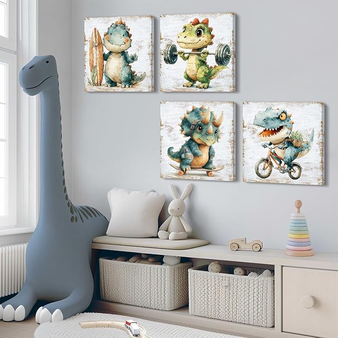Watercolor Dinosaur Canvas Wall Art Baby Toddler Bedroom Decor Cartoon Dino Sports Theme Pictures Wall Decor Funny Animals Bike Surfing Paintings Prints Posters Artwork Nursery Decoration 16x16in 4Pcs