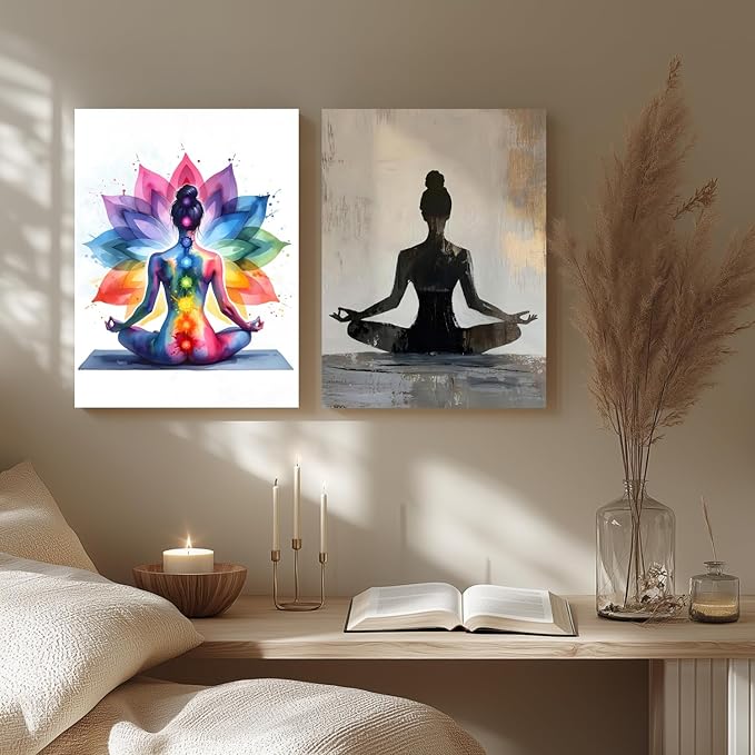GELDSTEI Framed Zen Wall Art, Chakra Yoga Wall Decor, Colorful Meditation Poster Print, Spiritual Canvas Painting, Vibrant Meditating Woman Aesthetic Picture for Living Room Yoga Studio 16x24 Inch