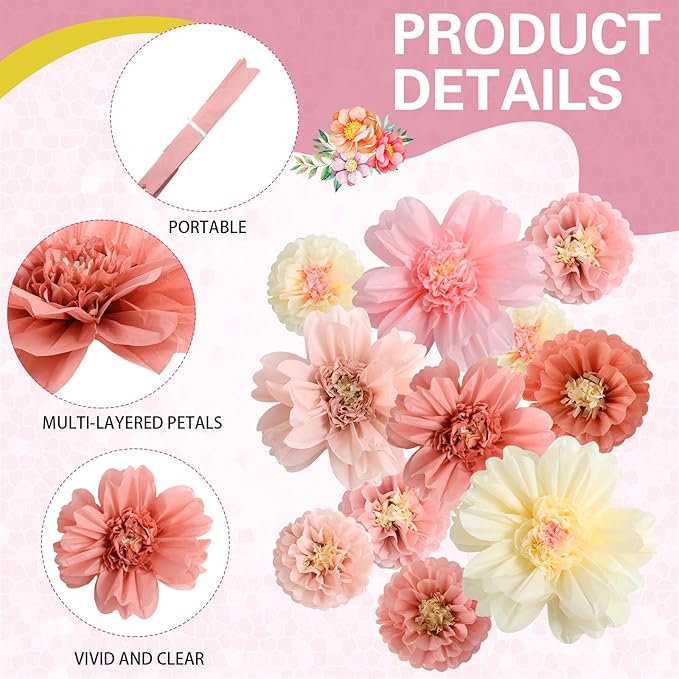 TaoBary Large Colorful Tissue Paper Flowers Giant Fiesta Paper Pom Poms Mexican Birthday Decorations for Wall Wedding Backdrop Centerpiece Party Supplies(20" and 10",Rose Gold, Blush Pink,36 Pcs)