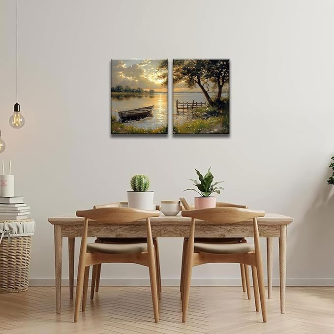 2Pcs Framed Fall Landscape Canvas Wall Art, Lake Boat Forest Art Prints, Autumn Scenery Nature Decor Pictures, Rustic Gold Paintings Wall Decor Living Room, Bedroom, Office 16x24in
