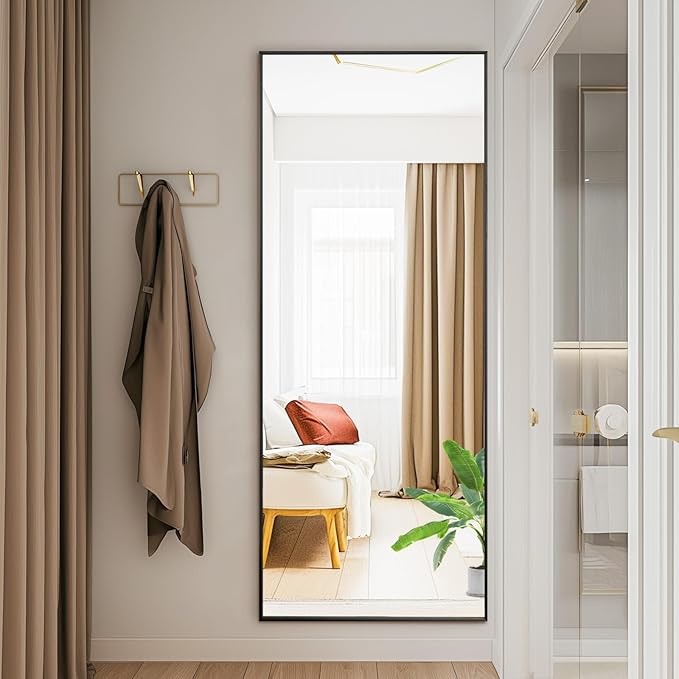 DUMOS Full Length Mirror with Stand Floor Standing Aluminum Frame for Bedroom Body Hanging Leaning Modern Simple Home Decor Shatter-Proorf Nano Glass Wall Living Room Cloakroom Black 59"x16"