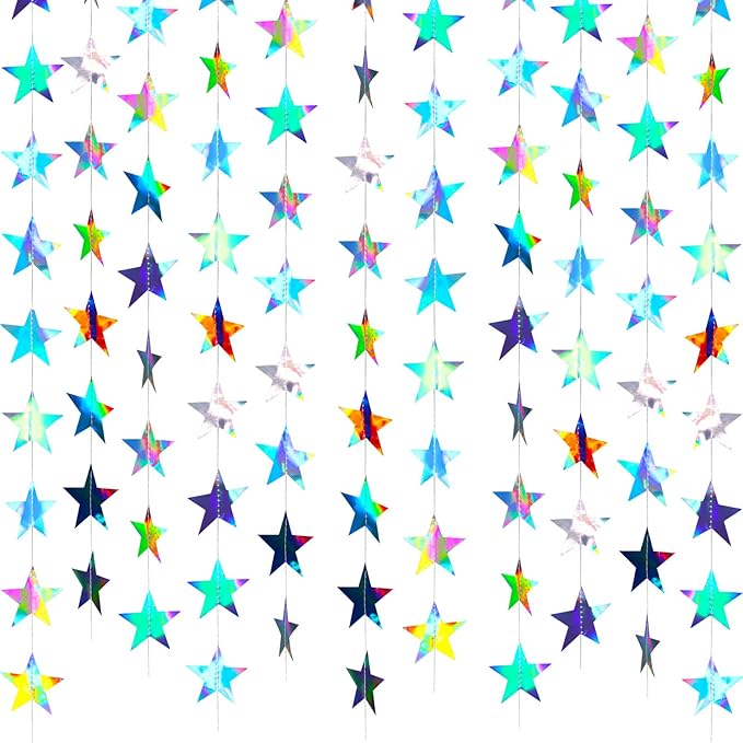 Patelai Glitter Star Garland Banner 2026 Graduation Decor 130 Feet Star Hanging Banner Twinkle Backdrop for Party Birthday Classroom Wedding Supplies(Holographic Iridescent)