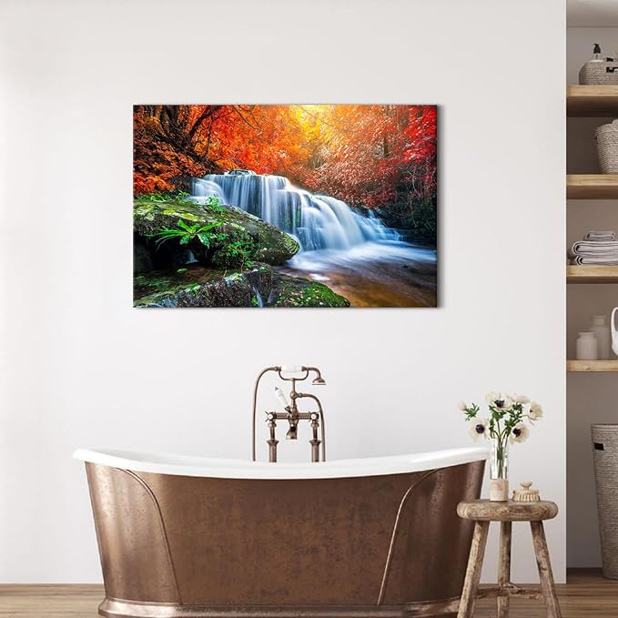Waterfall Wall Art Autumn Red Forest Wall Decor for Living Room Nature Trees River Landscape Canvas Prints Fall Stream River Pictures National Park Posters for Bedroom Bathroom Home Decoration 24x36"