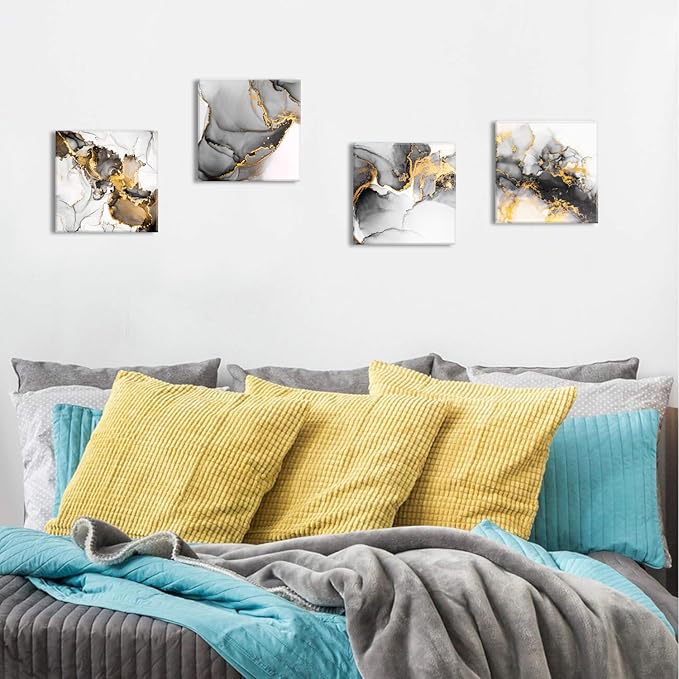 Black and Gold Wall Art Abstract Marble Artwork for Walls Ink Texture Canvas Prints Painting Living Room Bathroom Decor Contemporary Fluid Lines Pictures Bedroom Office Home Decorations 12x12” 4P