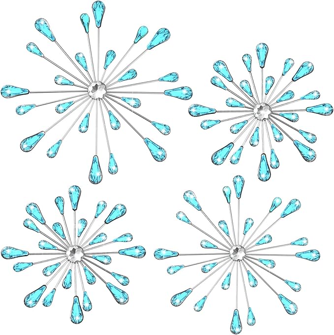 Hicarer 4 Pcs Starburst Wall Decor Bling Wall Art Crystal Teardrop 3D Hanging Rhinestone Radial Metal Artwork Modern Accent Sculptures Decorations for Living Room Home Office Bedroom(Blue)