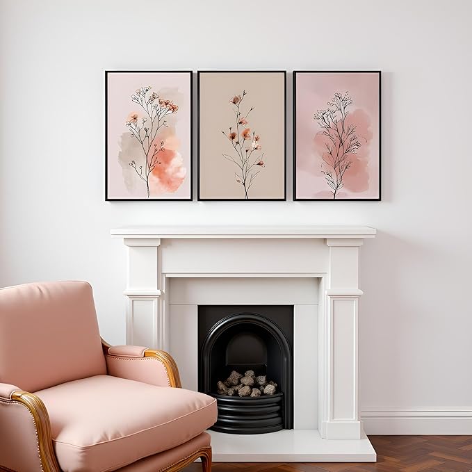 okudolit Boho Vintage Flower Wall Art Set of 3 Minimalist Floral Botanical Prints Rustic Wildflower Wall Decor Beige and Pink Neutral Plant Painting for Living Room Bedroom Office-16x24in