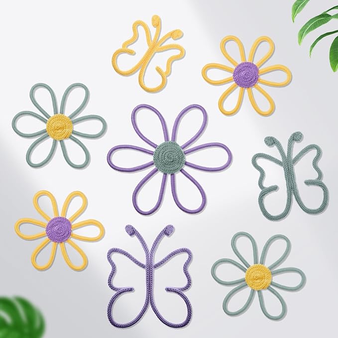 Wesiti 9 Pcs Boho Nursery Decor 3 Size Daisy Flower and Butterflies Woven Macrame Wall Hanging for Home Nursery Bedroom Dorm Wall Art(Modern Color)