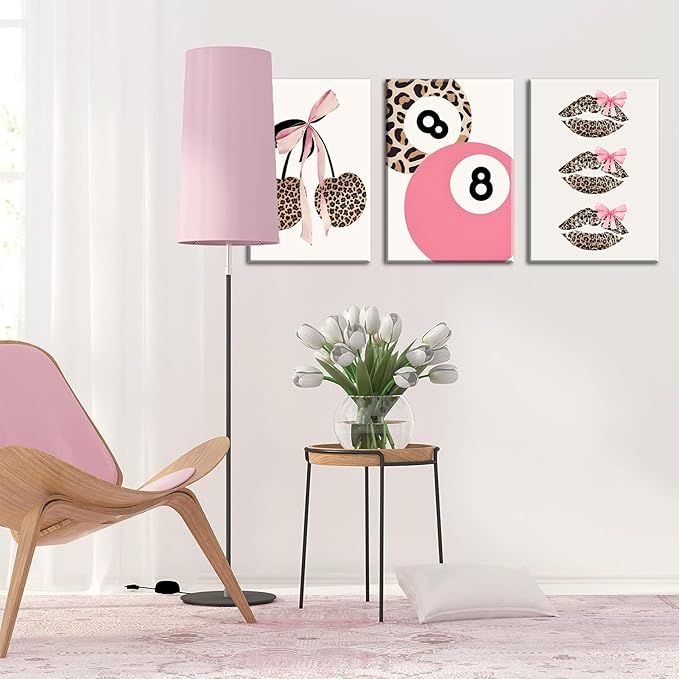 Trendy Pink Leopard Bow Canvas Wall Art Set of 3 Funky Cherry Lucky 8 Ball Posters Prints Cute Coquette Preppy Room Aesthetic Wall Decor Pictures for Girls Bedroom Apartment Dorm 12x16in
