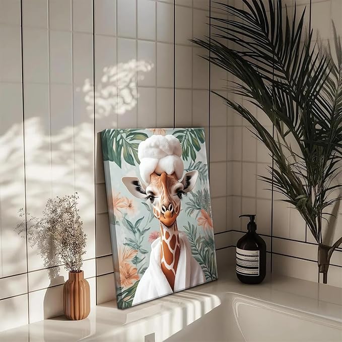Funny Animal Bathroom Wall Art Set of 3, Cute Giraffe in Toilet Reading Newspaper Wall Decor Paintings Eclectic Giraffe Bathroom Canvas Prints Artwork 16x24 inch Framed