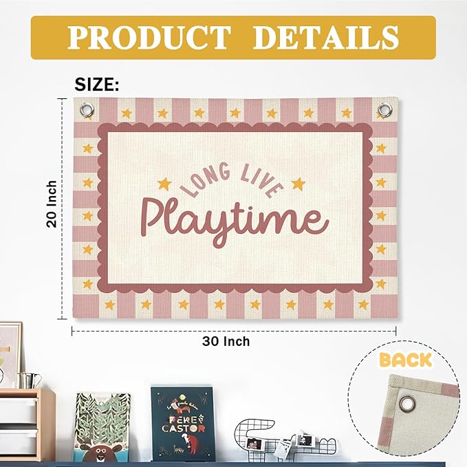 Playroom Wall Decor,Long Live Playtime Linen Canvas Banner,Pink Toddler Playroom Decor Kids Room Nursery with Star Pattern Wall Decor for Toddler Girls Toy Room Bedroom,30x20 Inch