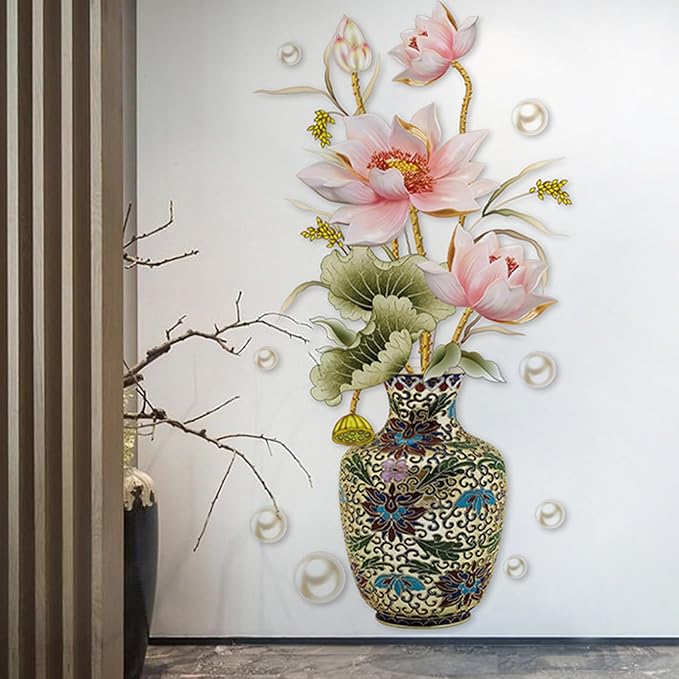 Chinese Style Lotus Flower Vase Wall Sticker, 24"x47" Classical Lotus Flower Wall Decals Murals Peel and Stick 3D Wall Art Stickers for Girls Bedroom Nursery Living Room TV Home Decor