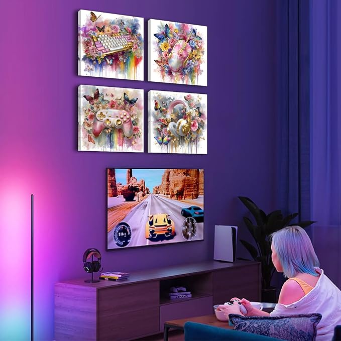 Pink Gaming Wall Art Gamer Women Bedroom Decor Colorful Floral Butterflies Game Pictures, 4Pcs Console Paintings Controller Headphones Keyboard Canvas Prints Gaming Room Decorations Girl Gifts 16x16”