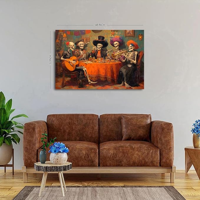 Funny Skull Canvas Wall Art Halloween Wall Decor Skeletons Party Painting Posters Watercolor Gothic Skulls Prints Pictures Halloween Artwork for Living Dining Room Kitchen Home Decorations 34x48"