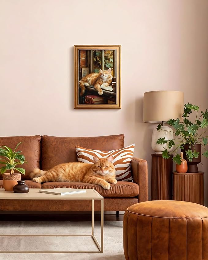 HUARCEY Gold Framed Canvas Wall Art, Book Cat Vintage Decor, Rustic Vintage Neutral Canvas Paintings Retro Table Desk Picturesfor Bathroom Bedroom Living Room, 12x16Inch