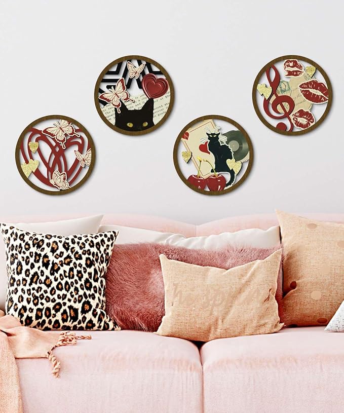 Putuo Decor Boho Wall Decor Set of 4, Round Boho Cat Wall Art, Mid Century Modern Decr,Red Abstract Cat Music Y2k Style for Teen Girls,Living Room, Dorm