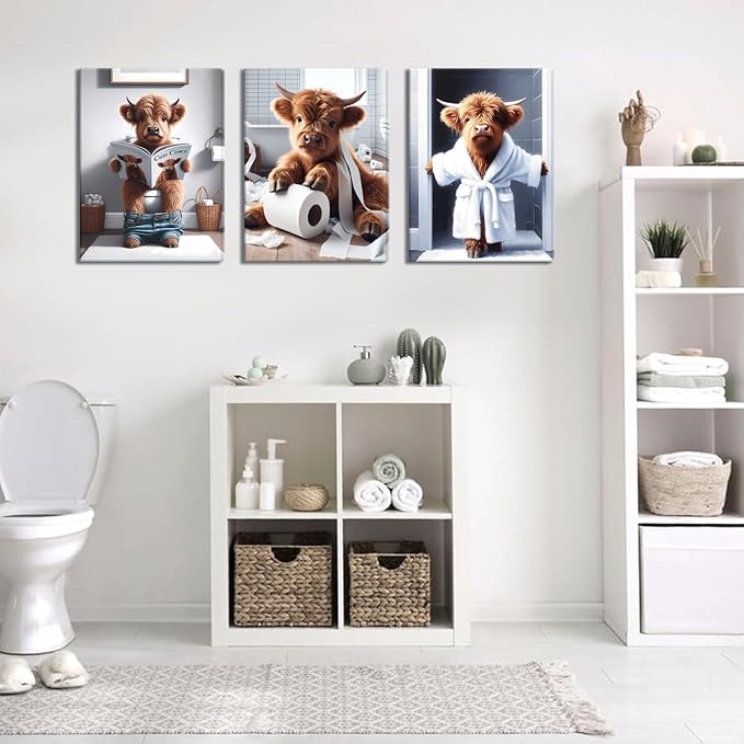 Highland Cow Funny Bathroom Wall Art Set of 3 Brown Cute Cow Animal Canvas Posters Prints Vintage Rustic Farmhouse Home Pictures Wall Decor Painting for Bathroom Restroom 16x24Inch Framed