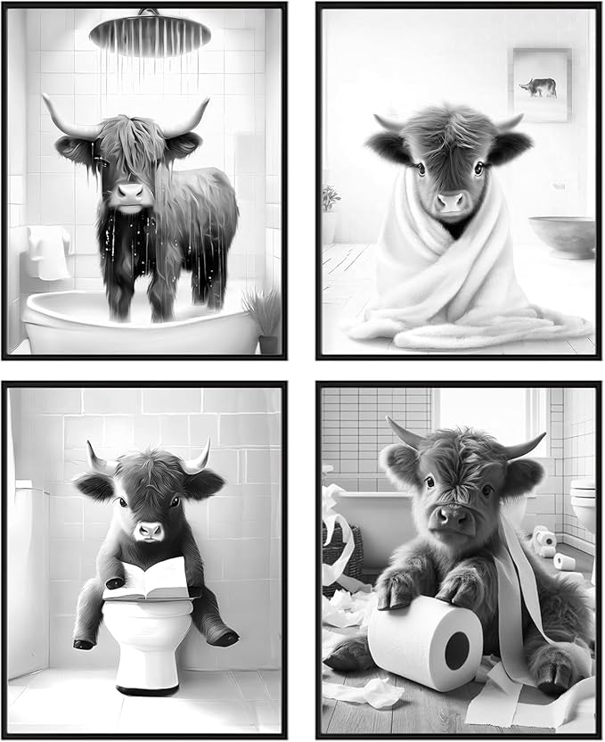 Western Cow Bathroom Decor Wall Art,Funny Highland Cow Wall Art in Restroom,Black and White Wall Decor,Highland Cow Canvas Art Prints,Rustic Retro Bathroom Wall Decor Humor Animals Artwork Prints,11x14inchx4pcs,Unframed