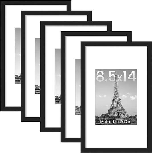 upsimples 8.5x14 Picture Frame Set of 5, Display Pictures 7x10 with Mat or 8.5x14 Without, Wall Gallery Photo Frames, Black