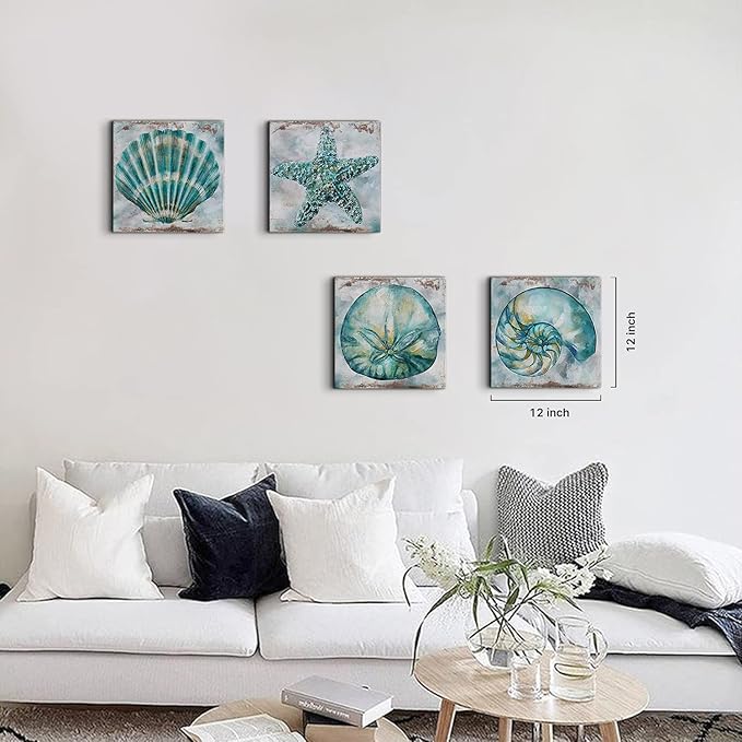 Coastal Wall Art Conch Wall Bathroom Decor Teal Vintage Beach Shell Canvas Prints Pictures Home Decoration 16x16 4Pcs/Set Rustic Watercolor Starfish Poster Painting Modern Spa Bedroom Framed Artwork