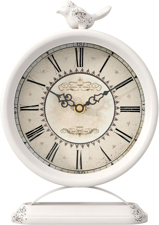 Vintage Table Clock with Bird, European Antique Style White Mantel Clocks, Desk and Shelf Decor Clock, for Farmhouse, Bedside, Living Room, Bedroom, Gift (9" H x 6.5" W)