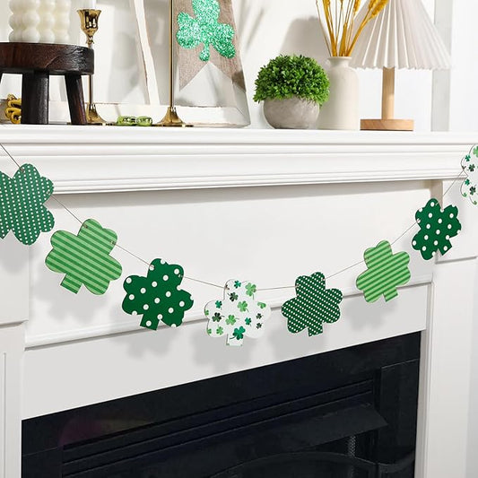 St Patricks Day Decorations-Wooden Shamrock Garland for St. Patrick's Day Decor-Reusable Lucky Green Banner Garland for Fireplace Mantel Walls Decor
