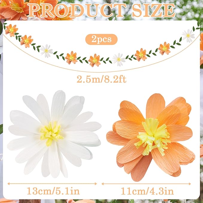 EASY JOY Crepe Paper Flowers Banner White Orange Floral Banner Spring Hanging Paper Flower Leaves Garlands for Spring Birthday Wedding Home Decorations
