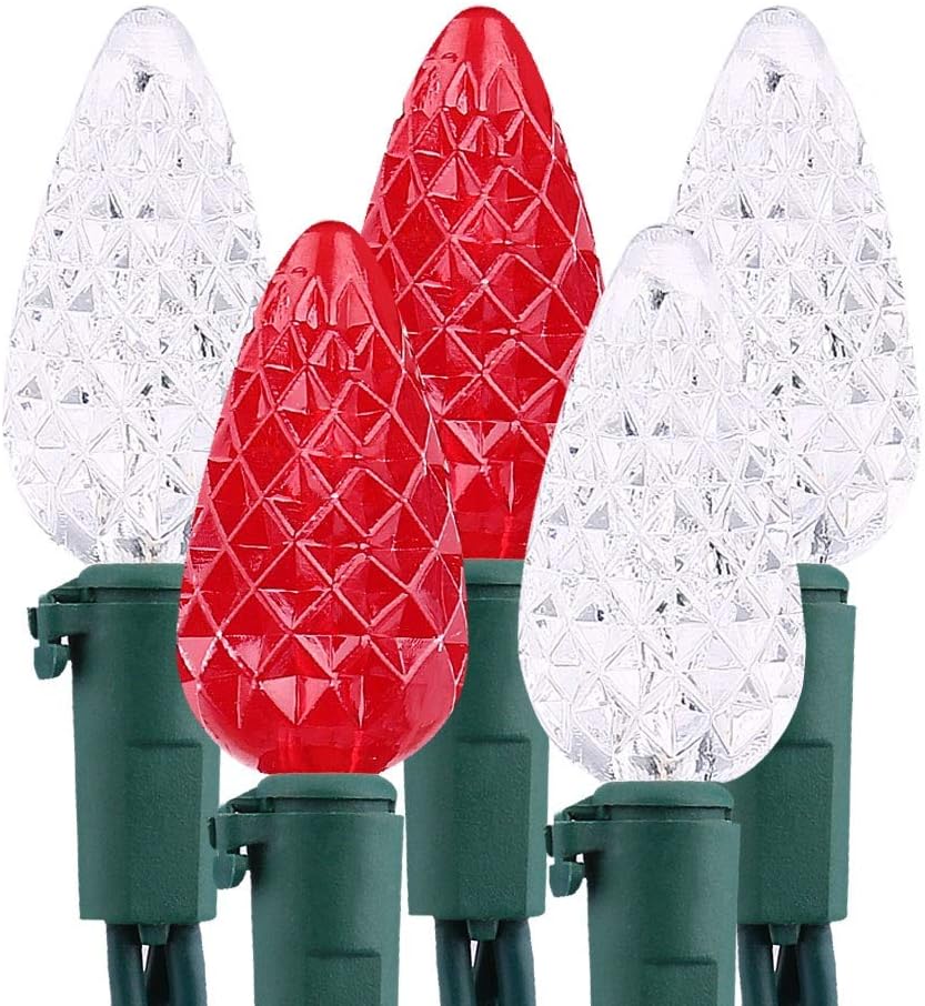 Brizled Red & White C5 Christmas Lights, 33ft 100 LED Christmas tree Lights, Connectable 120V UL Certified Faceted Christmas Lights Outdoor Indoor Xmas Lights for Christmas Tree Party Roof Decoration