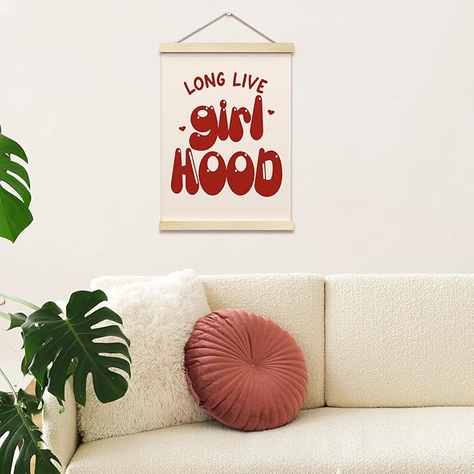 Long Live Girlhood Posters Hanger Frame for Girls Room Red Hanging Poster for Bedroom Kids Room Classroom Decor Cute Wall Art Decor for Nursery Playroom Canvas Wall Art Print 16x12 Inches - YY066