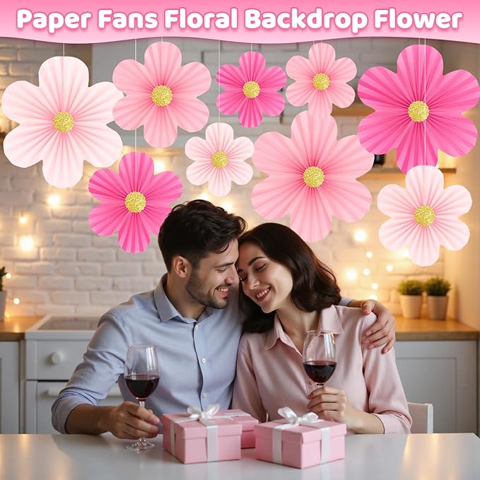 Pink Paper Flowers Decorations for Wall Hot Pink Birthday Decorations 9pcs with 9 Gold Glitter Floral Centers Paper Fans Floral Backdrop Flower Wall Decor for Classroom Wedding Baby Shower,Paper Guide