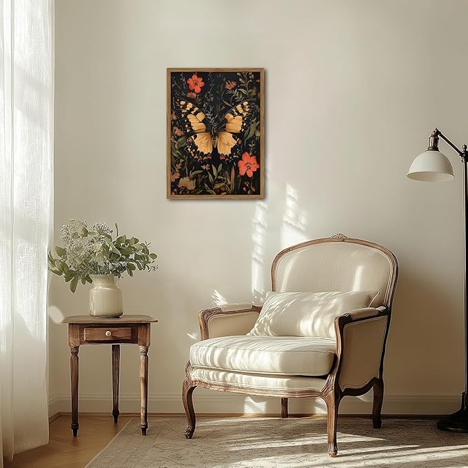 Dark Vintage Butterfly Wall Art,Butterfly Botanical Nature Pictures Wall Decor Flower Prints, Gothic Canvas Prints for Living Room Bedroom Office 12x16 inch Framed