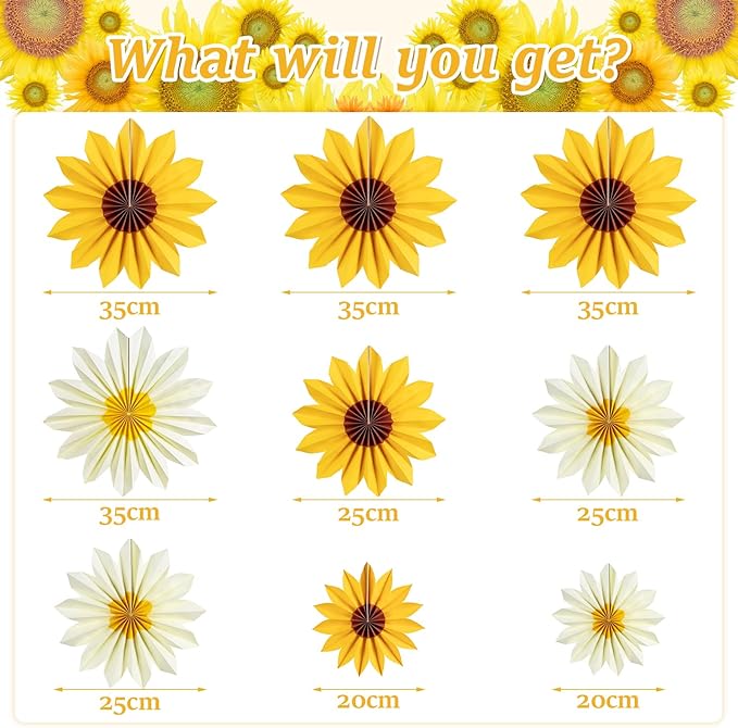 EASY JOY 9PCS Sunflower Party Decorations Sunflower Paper Fans Yellow Birthday Decorations Hanging Paper Flower Fan for Women for Summer Baby Shower Bulletin Board Decorations