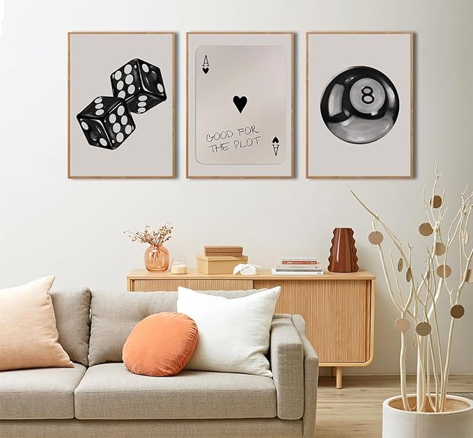 BOKPEN 3Pcs Black and White Poker Dice Wall Art Funky Retro Y2K Trendy Preppy Pictures Lucky 8 Ball Poster Canvas Prints Artwork Painting for Game Room Apartment Dorm Aesthetic Decor 12x16in Unframed