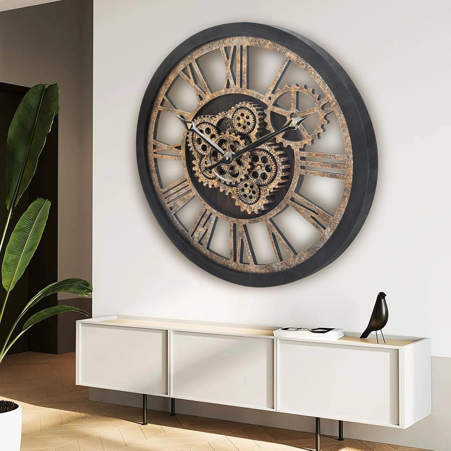 HOIBAI Large Wall Clock, 24 Inch Wall Clocks for Living Room Decor Farmhouse Vintage Rustic Kitchen Wall Decor Vintage Roman Big Oversized Wall Clock for Home Bedroom House Office, Moving Gears Clock
