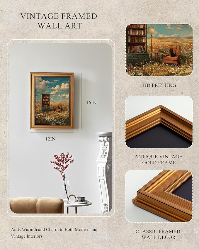 InSimSea Gold Framed Canvas Prints Wall Art, Vintage Country Decor, Flower Field Whimsical Oil Paintings Farmhouse Wall Decor Aesthetic, Rustic Book Pictures for Bedroom Living Room Shelf, 12x16inch