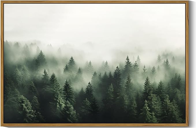 SHENIFY Green Fog Pine Tree Forest Vintage Framed Wall Art Modern Landscape Scenery Farmhouse Artwork Prints Decor for Hallway Living Room Bedroom Dining Room - 24x36in Natural Framed