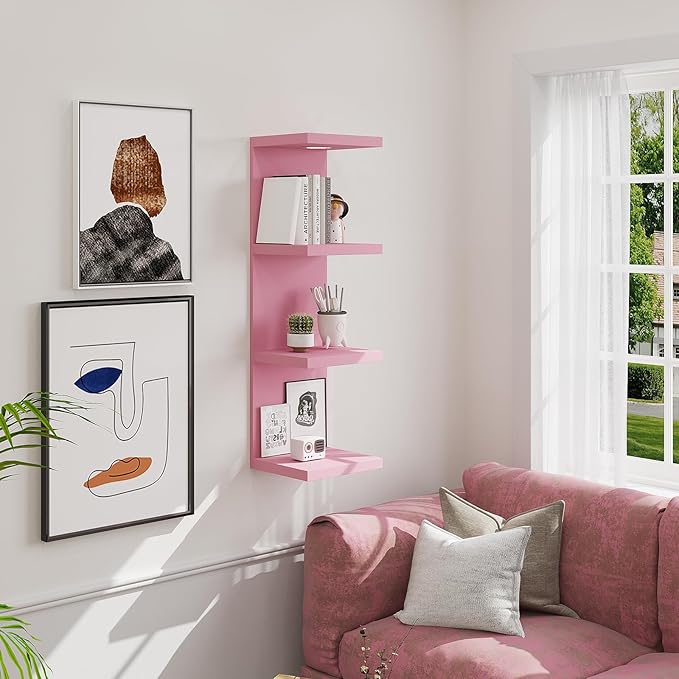 Versatile 4 Tier Wall Shelf Unit,Pink Lack Wall Shelf,Display Floating Shelf with LED Remote Control Light